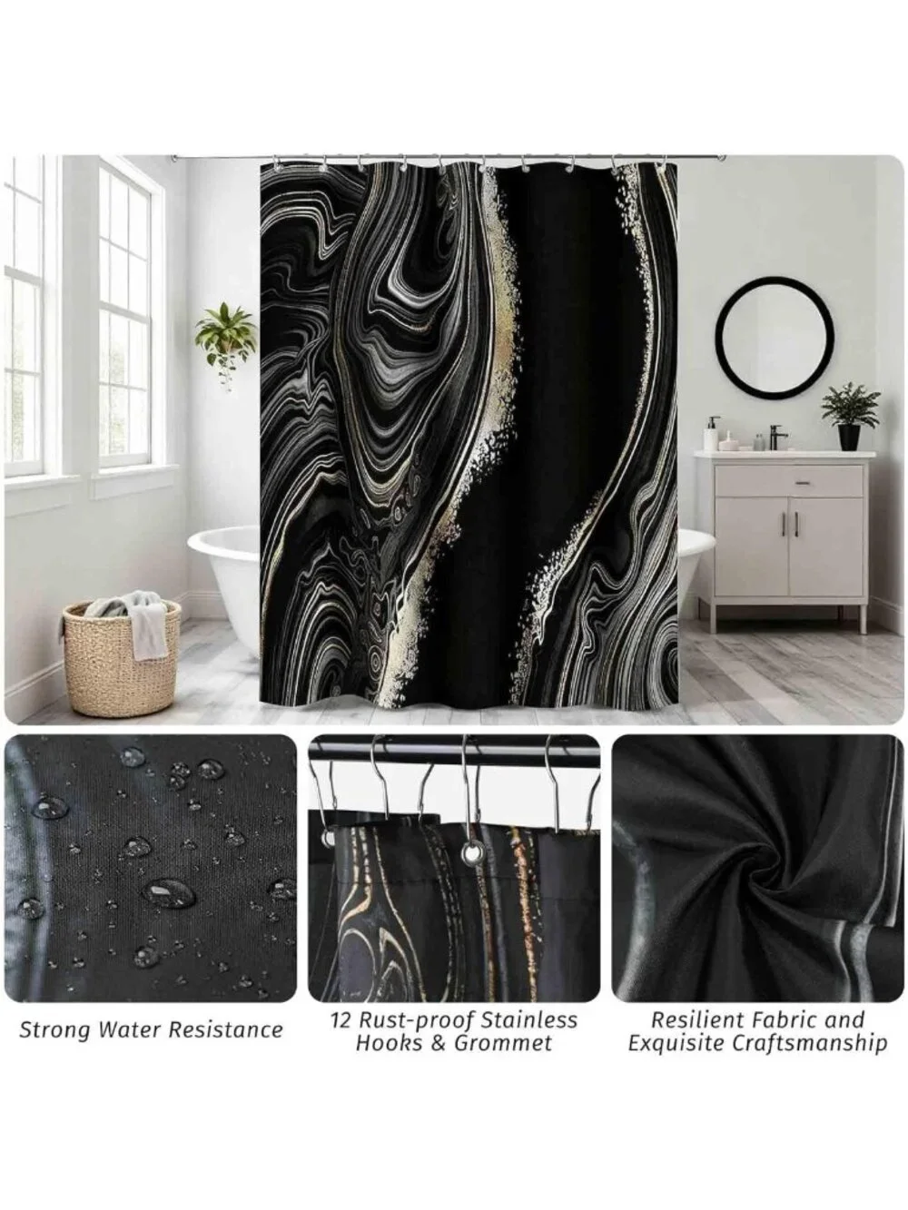 Stylish 21PC Black Bathroom Accessories Set - Shower Curtain, Rugs, Soap